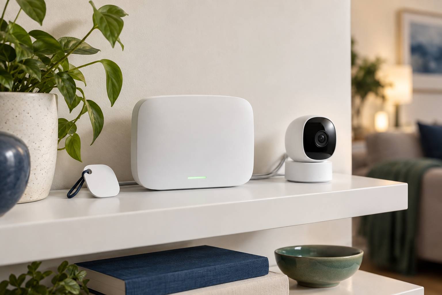 Console d'alarme et caméra intérieure sur une étagère
