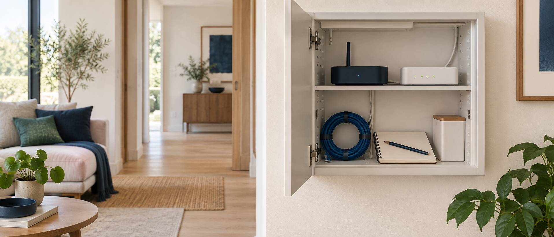 Coin de maison connectée avec boîtier passerelle blanc, capteur discret et câbles rangés