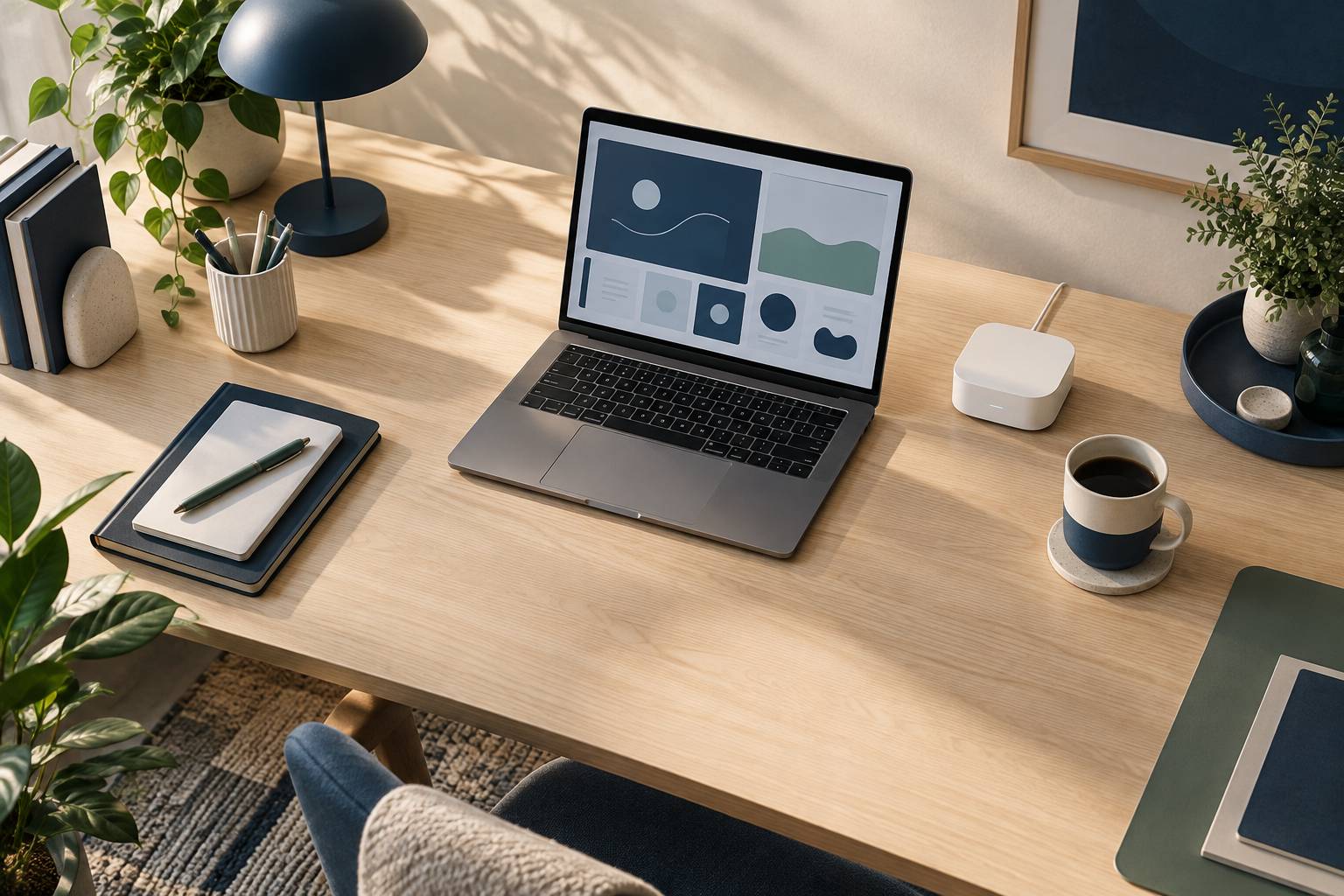 Ordinateur portable a interface abstraite et boitier domotique sur un bureau