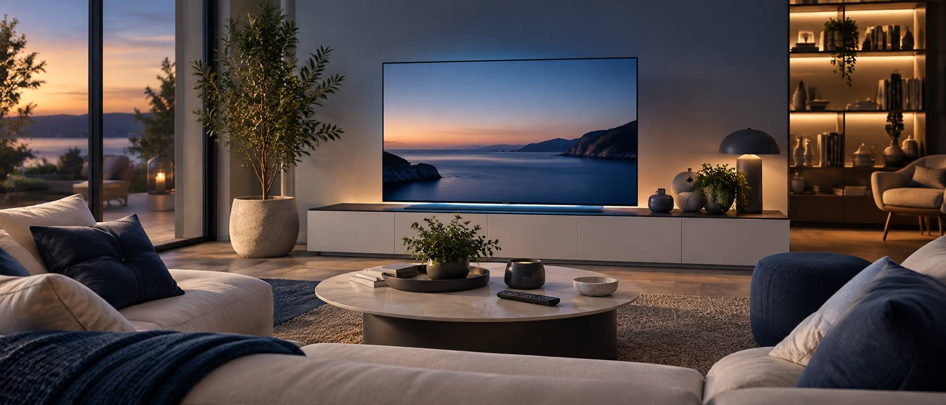 Grand ecran connecte a l'affichage flou pose dans une cuisine moderne