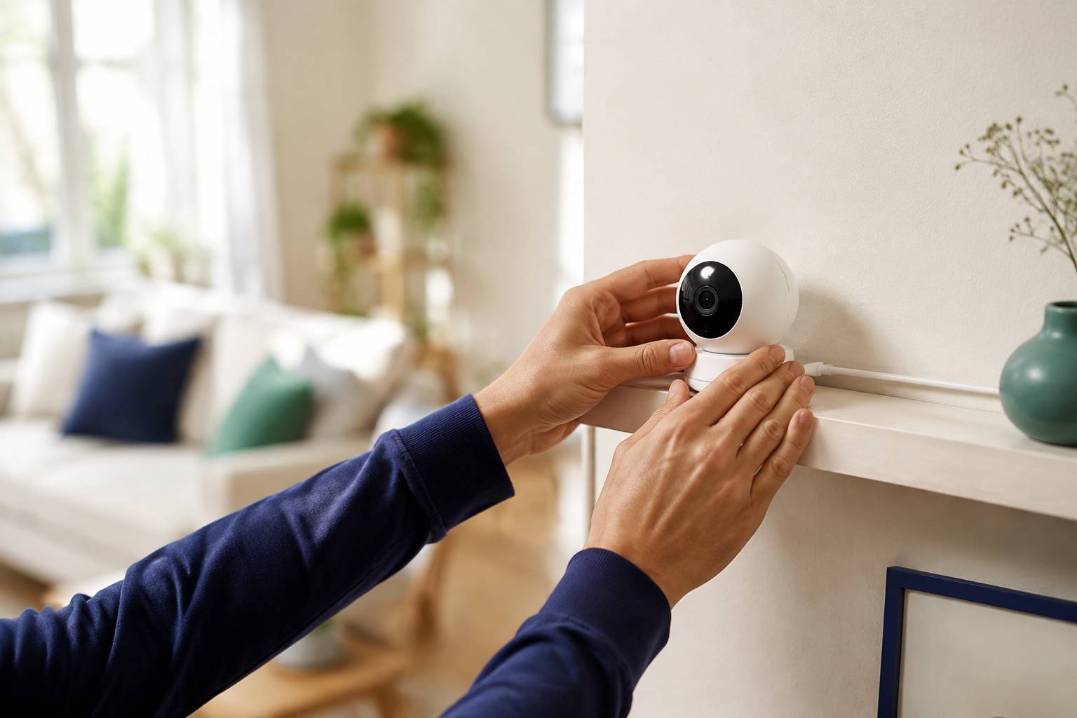 Mains installant une mini caméra blanche sur une étagère du salon