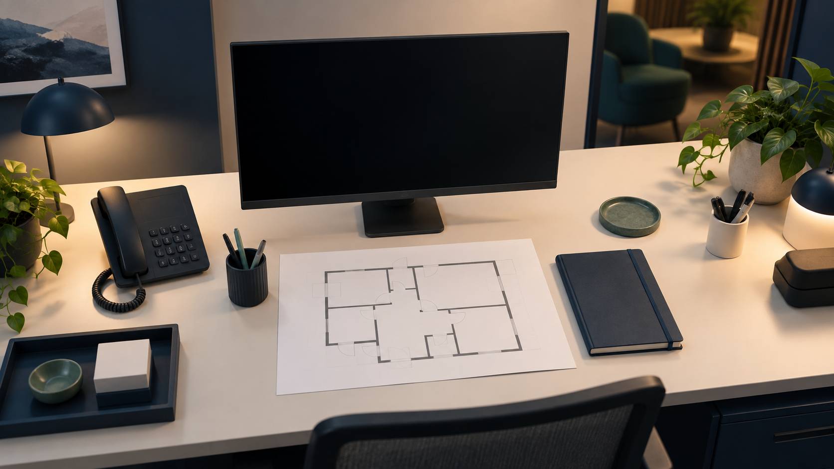 Console de telesurveillance avec ecran eteint et combine sur un bureau