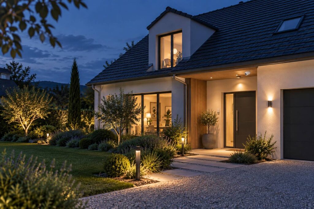 Maison individuelle au crépuscule avec petite caméra de sécurité sous l'avant-toit