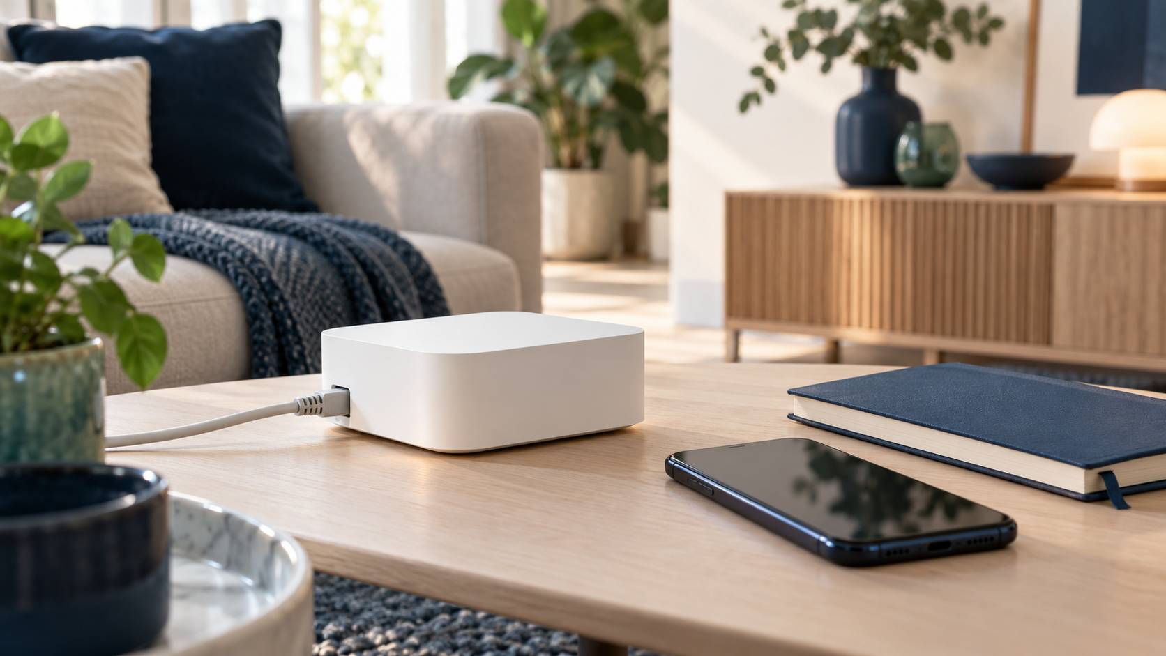 Boitier domotique blanc et cable reseau sur une table basse claire