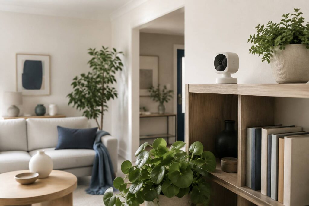 Mini caméra de surveillance discrète posée sur une étagère de salon