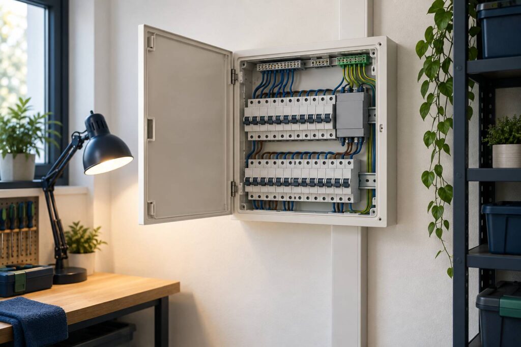 Tableau électrique ouvert avec module électronique au boîtier uni sur rail