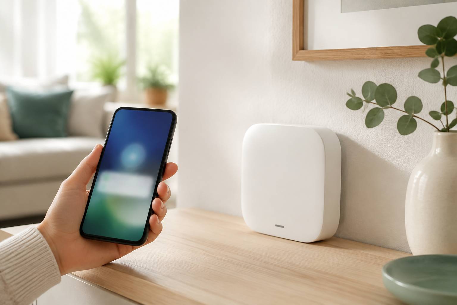 Main tenant un smartphone près d'une centrale d'alarme dans un intérieur