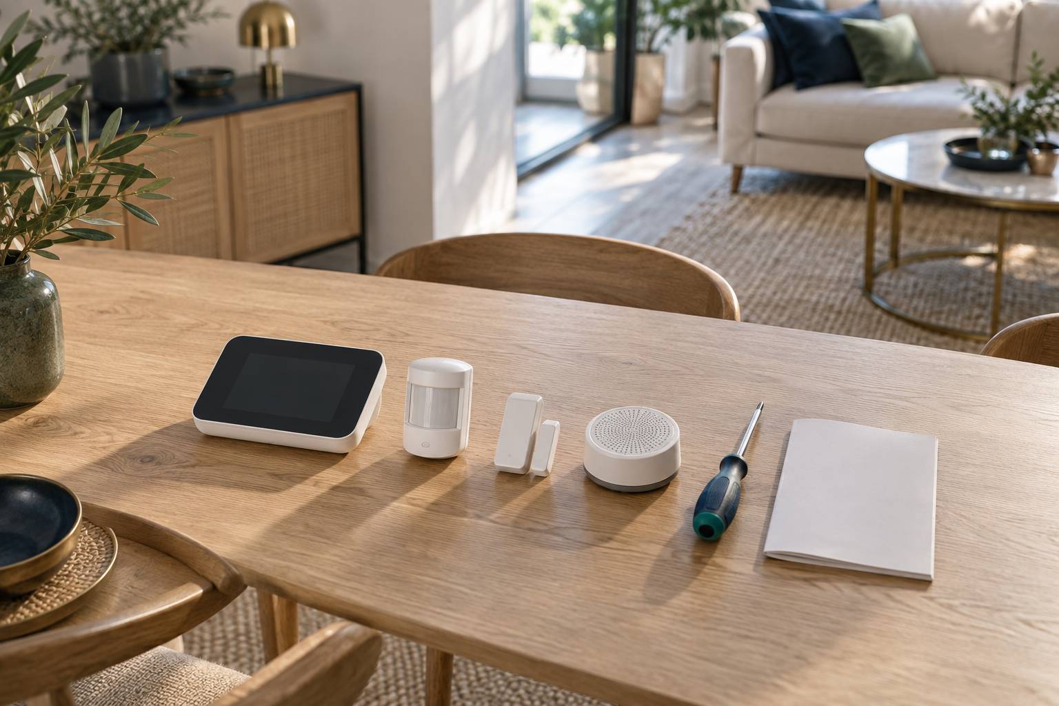Composants d'une alarme domestique poses sur une table claire