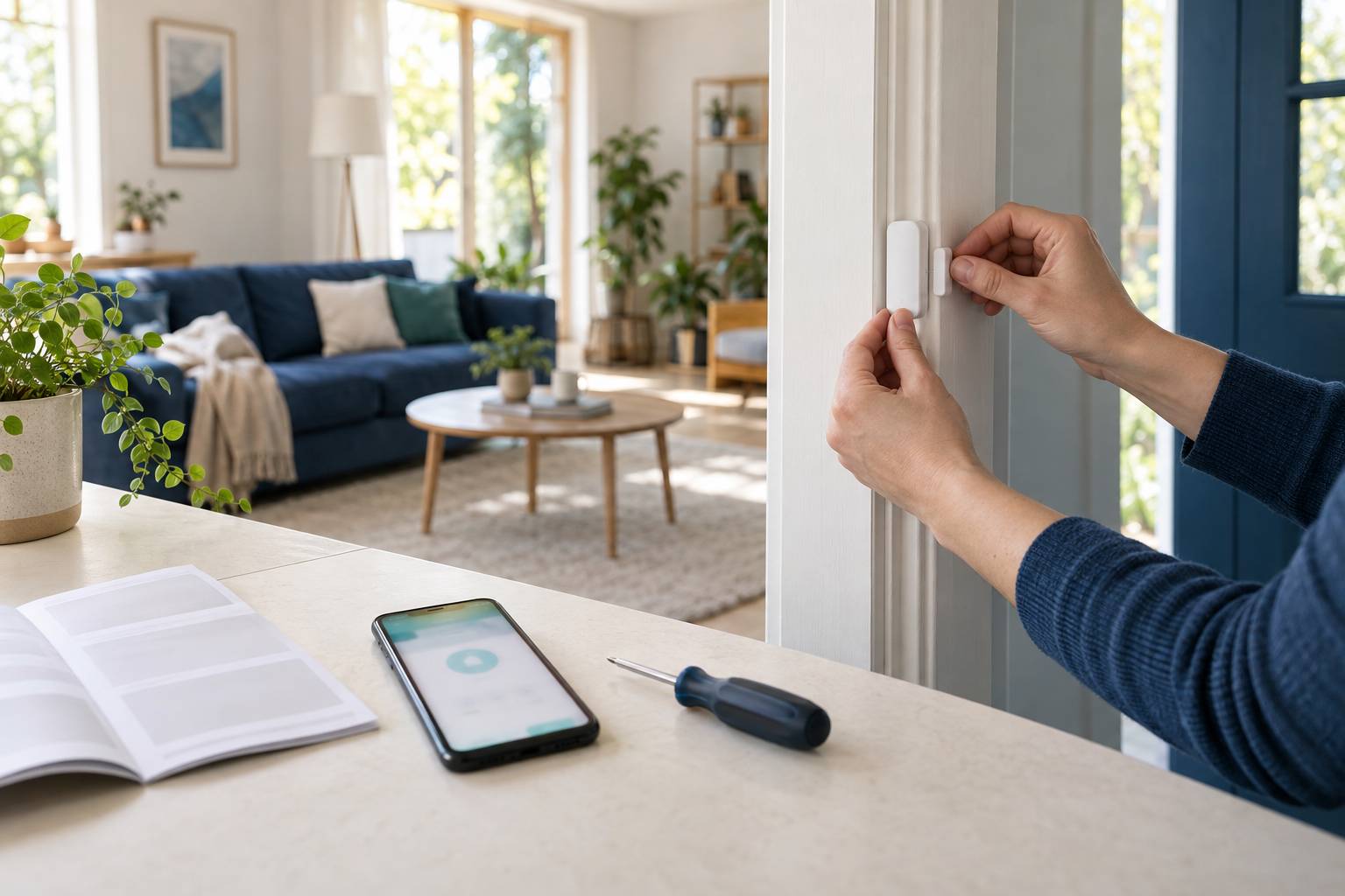 Vue large sur des mains (non identifiables) fixant un capteur sans fil sur l'encadrement d'une porte, tournevi