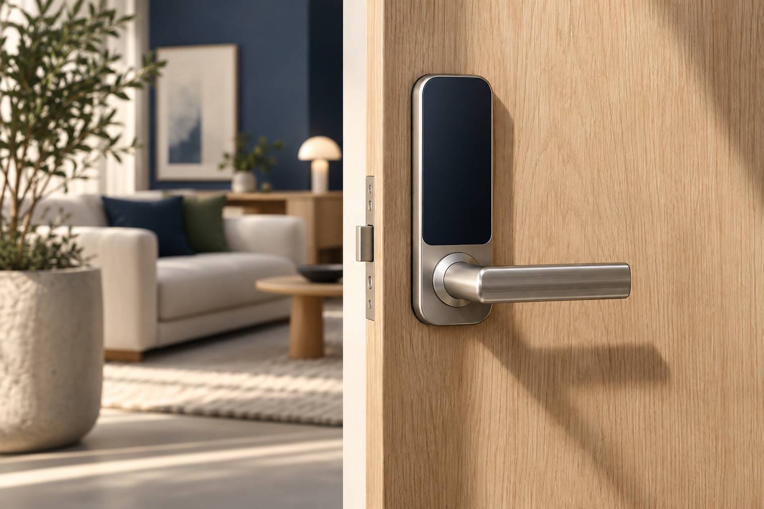 Module de serrure connectee sans marque sur une porte en bois clair vu de pres