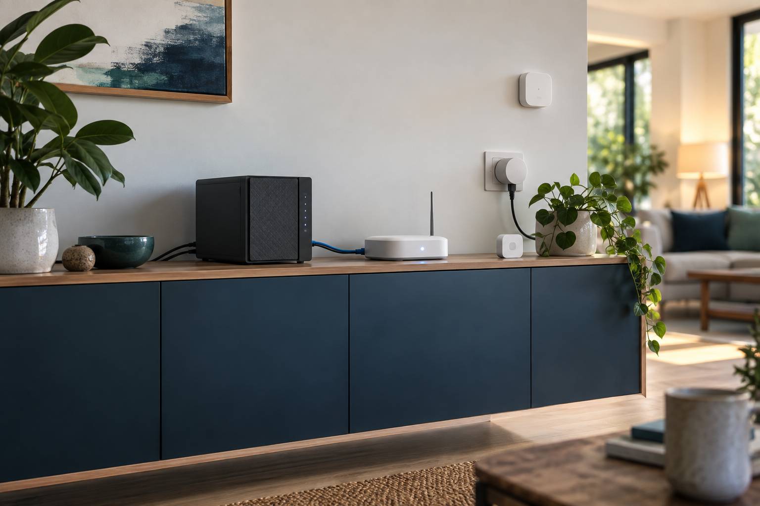Boîtier coordinateur domotique blanc relié par câble ethernet à un serveur