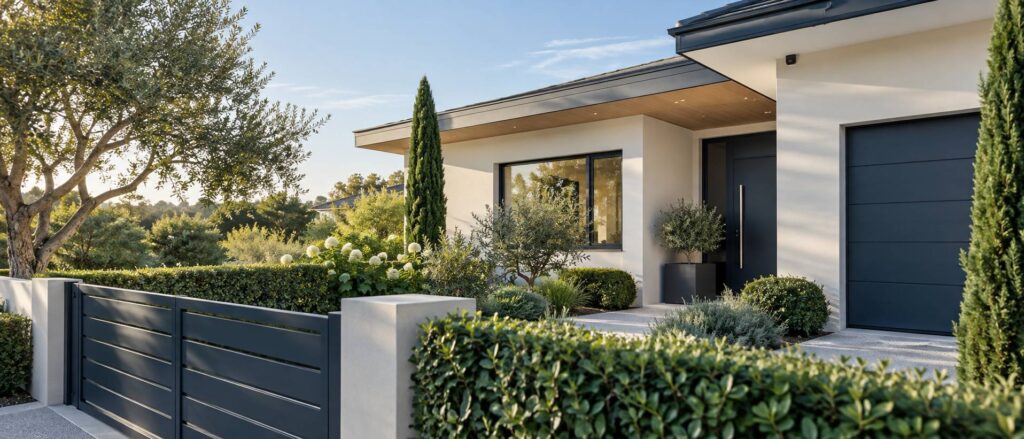 Exterieur d'alarme discret sous l'avant-toit d'une maison avec jardin soigne