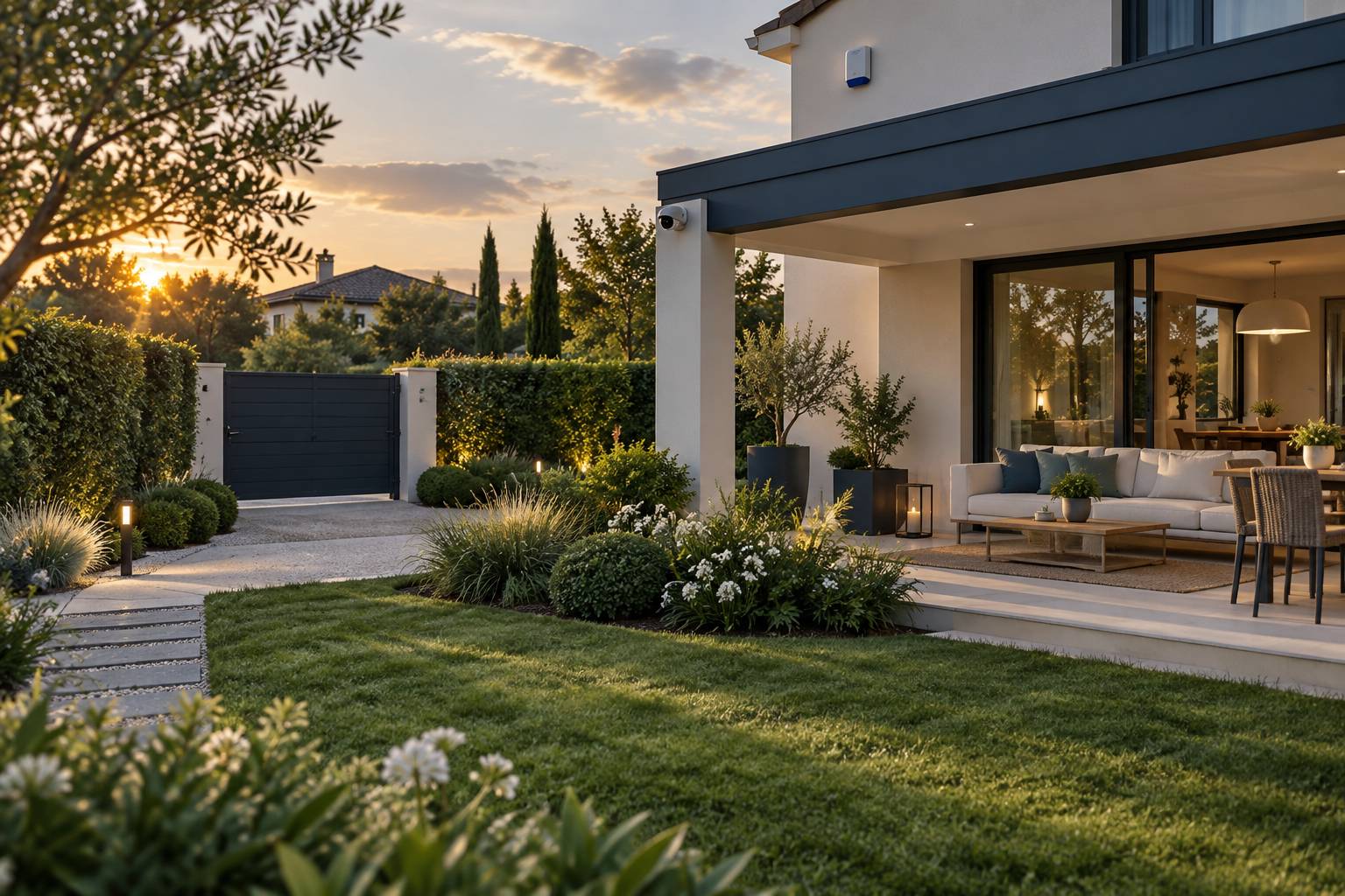 Jardin et terrasse avec camera et sirene discretes d'alarme