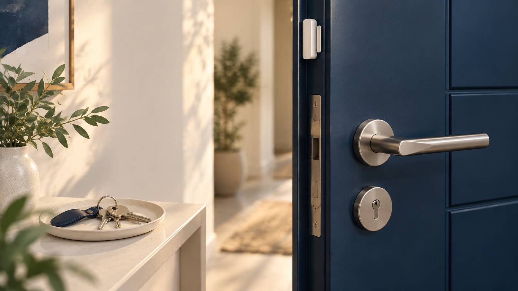 Serrure de porte d'entree en metal avec clefs et detecteur discret