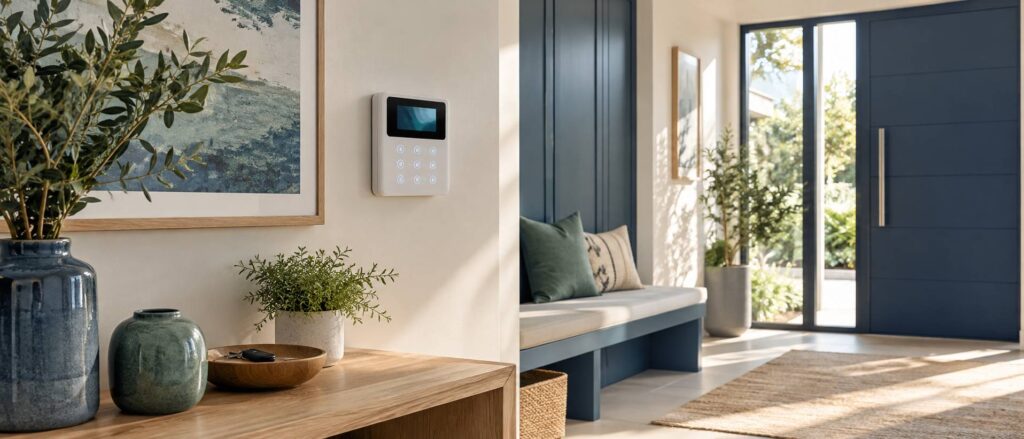 Centrale d'alarme murale avec clavier dans une entrée de maison moderne
