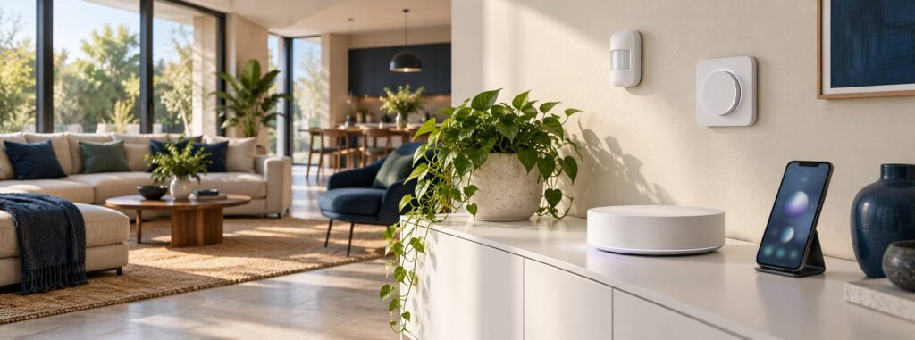 Centrale domotique sobre sur une console avec detecteur mural, thermostat et smartphone