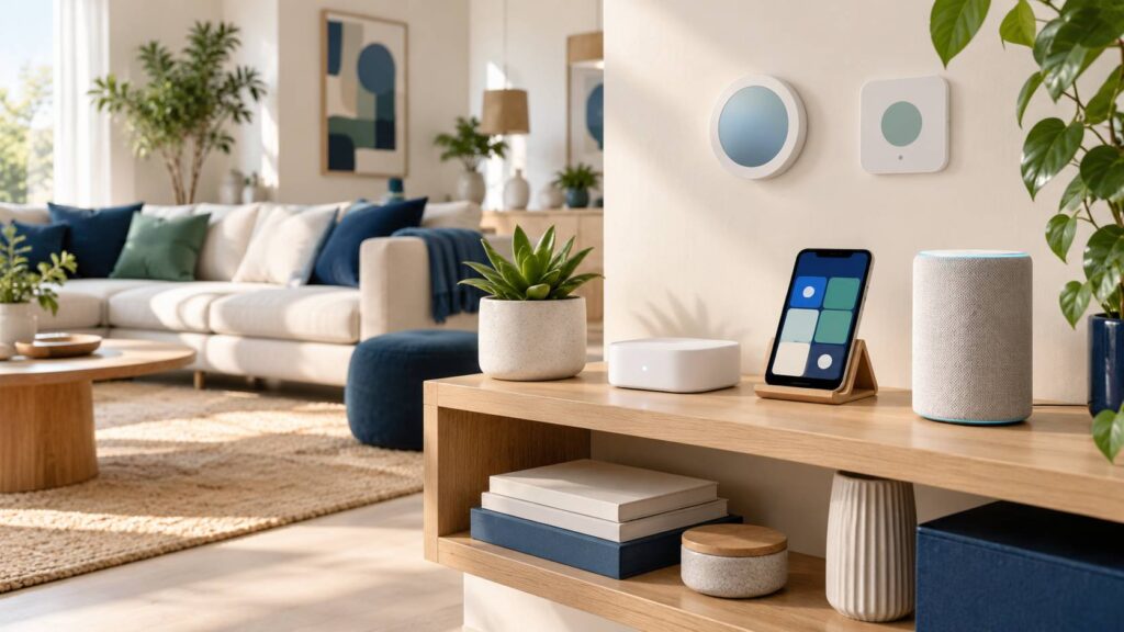 Coin domotique avec boîtier blanc connecté, smartphone et enceinte sur étagère