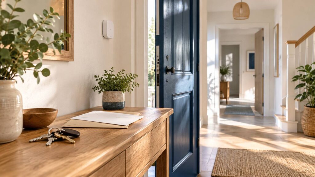 Entrée de maison avec détecteur mural discret, clés et courrier sur un meuble en bois