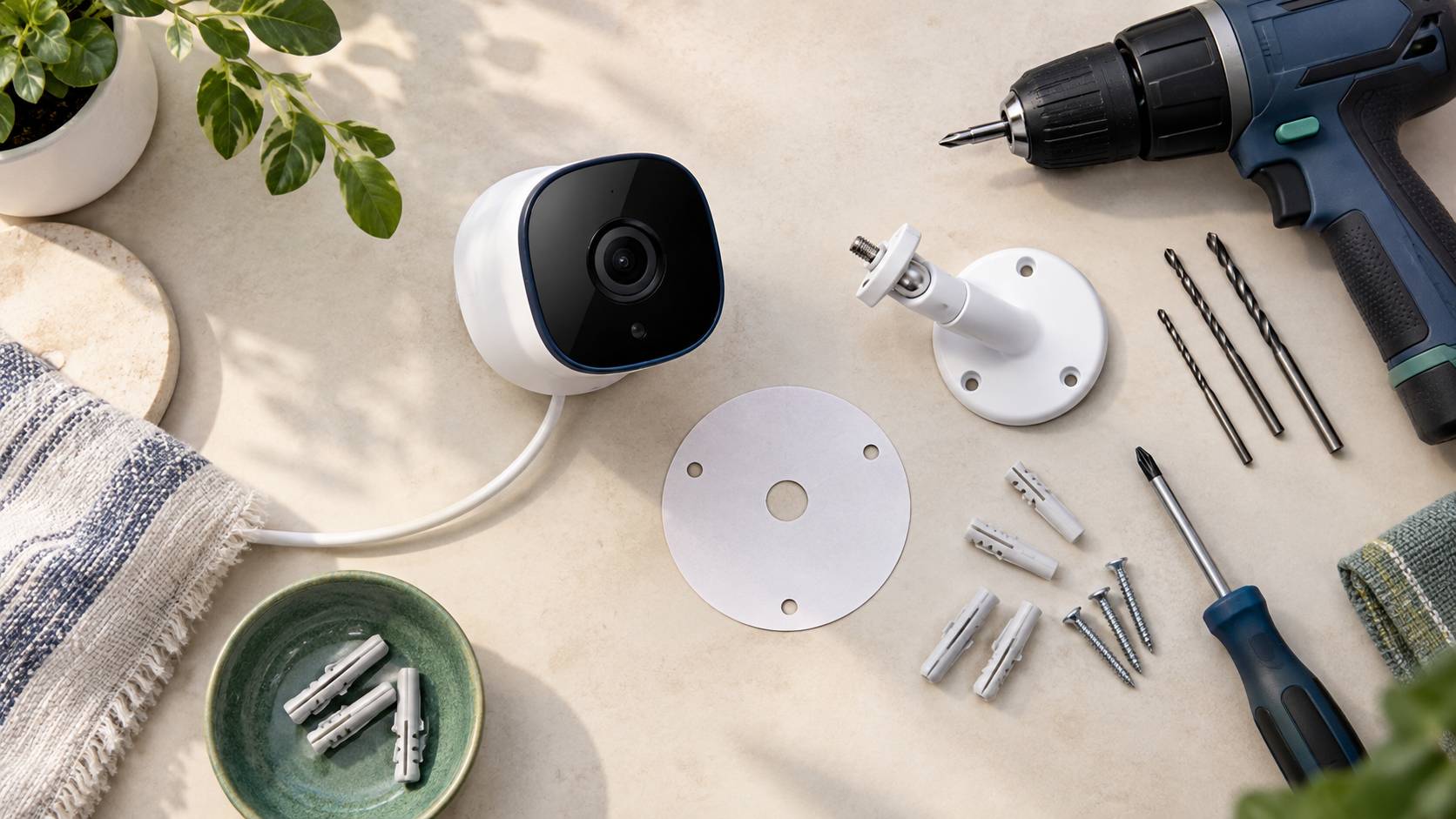 Camera de surveillance et outillage de fixation poses sur une table claire