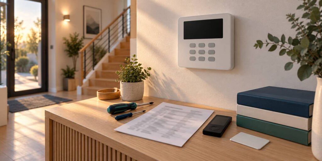 Clavier de centrale d'alarme au mur et journal d'événements imprimé sur une console en bois