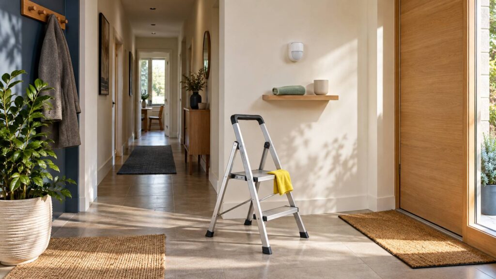 Detecteur de mouvement blanc fixe au mur avec chiffon en microfibre pose sur un escabeau