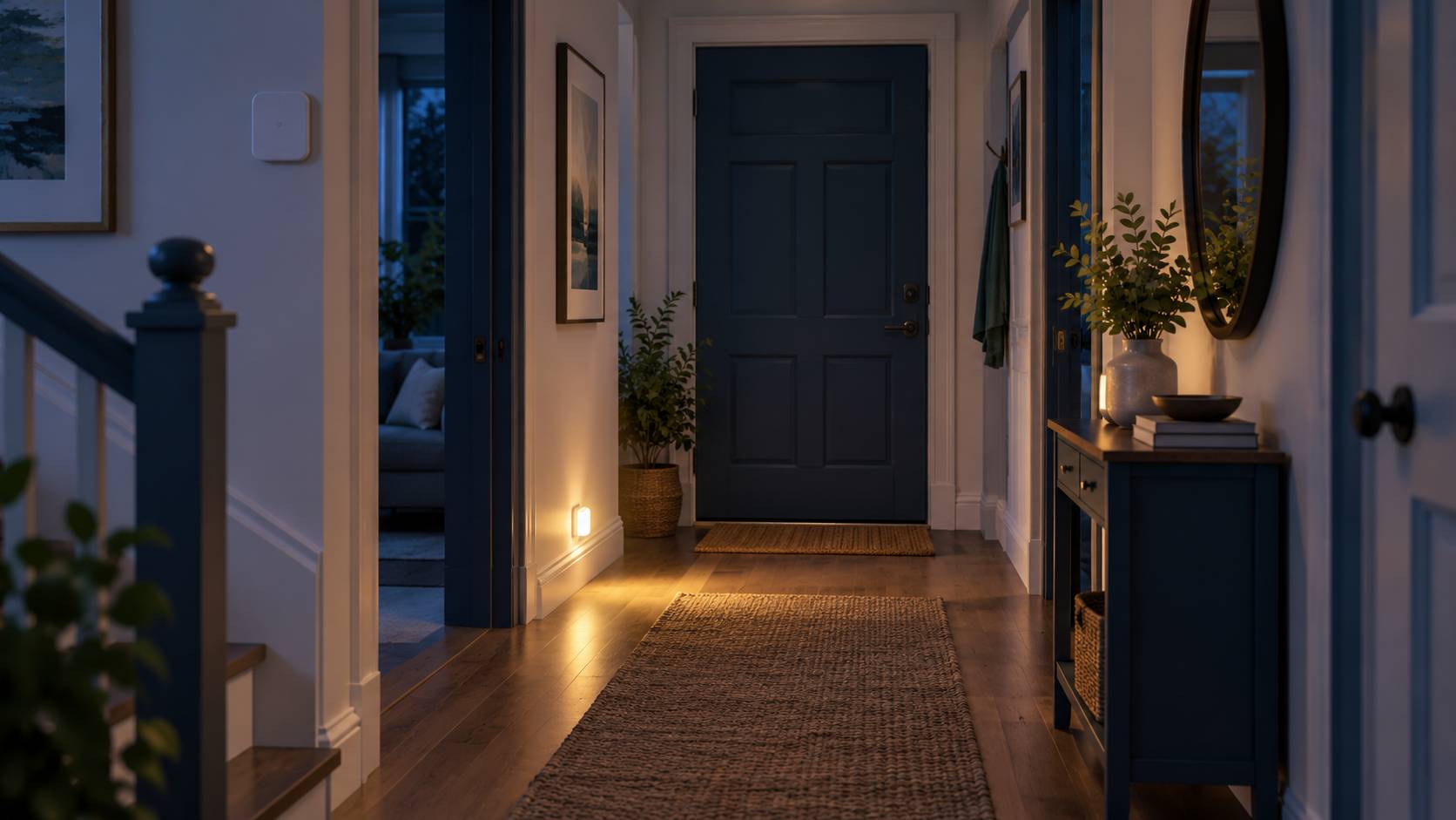Intérieur de maison sécurisé la nuit avec veilleuse et boîtier d'alarme discret