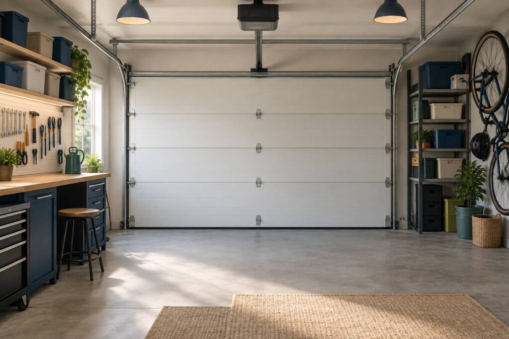 Garage de maison ordonne avec porte sectionnelle fermee et etageres rangees