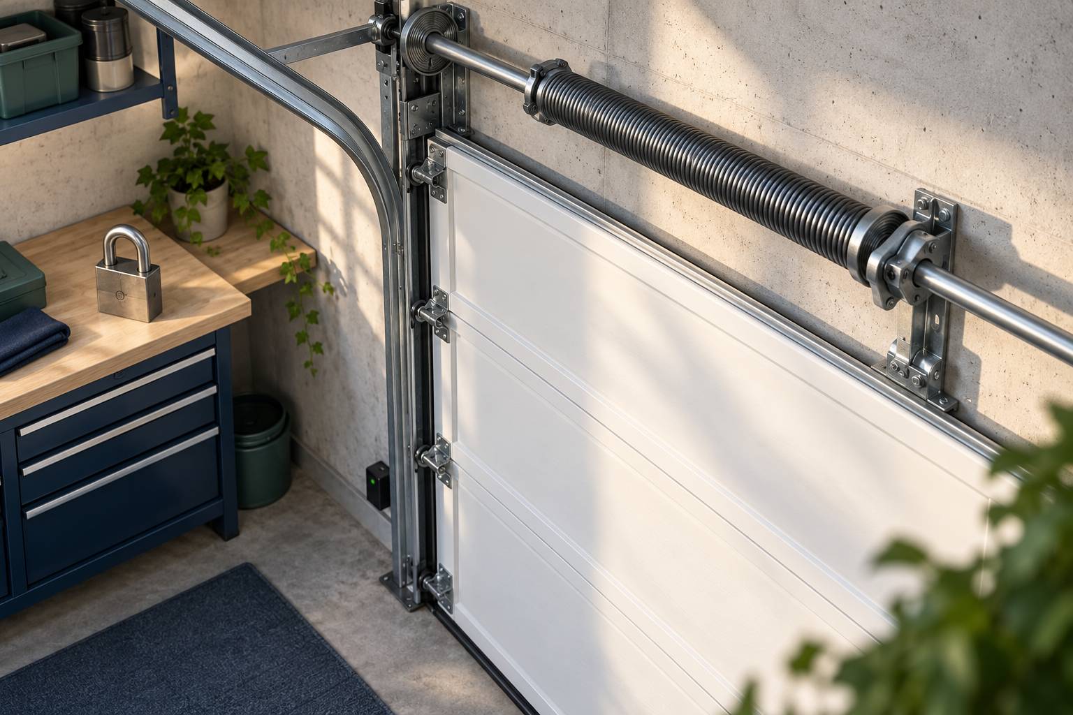 Vue rapprochee du mecanisme d'une porte de garage avec cadenas et capteur