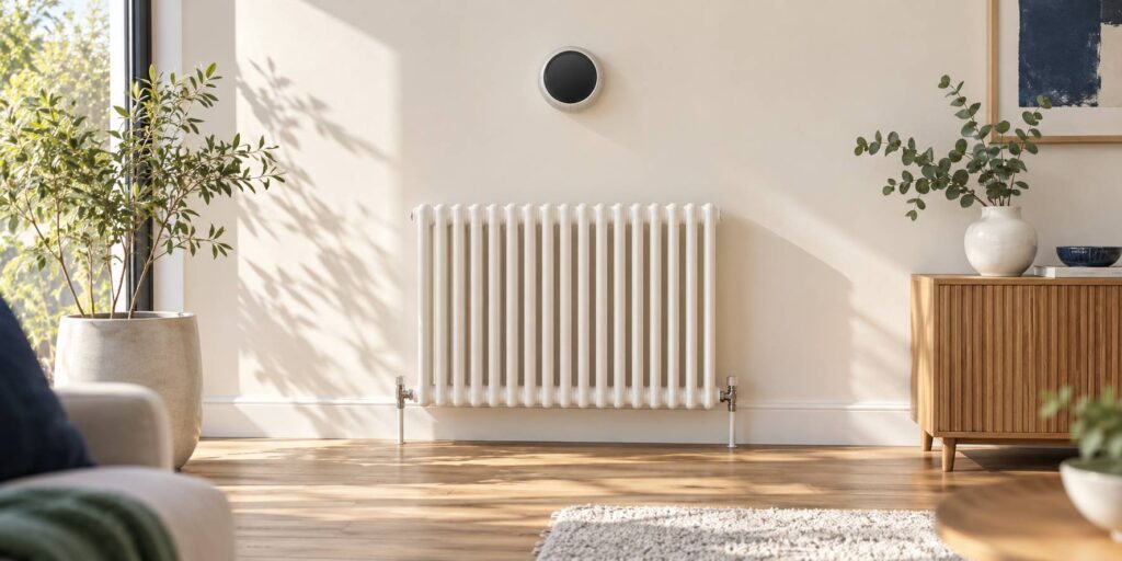 Thermostat mural rond à écran éteint au-dessus d'un radiateur blanc